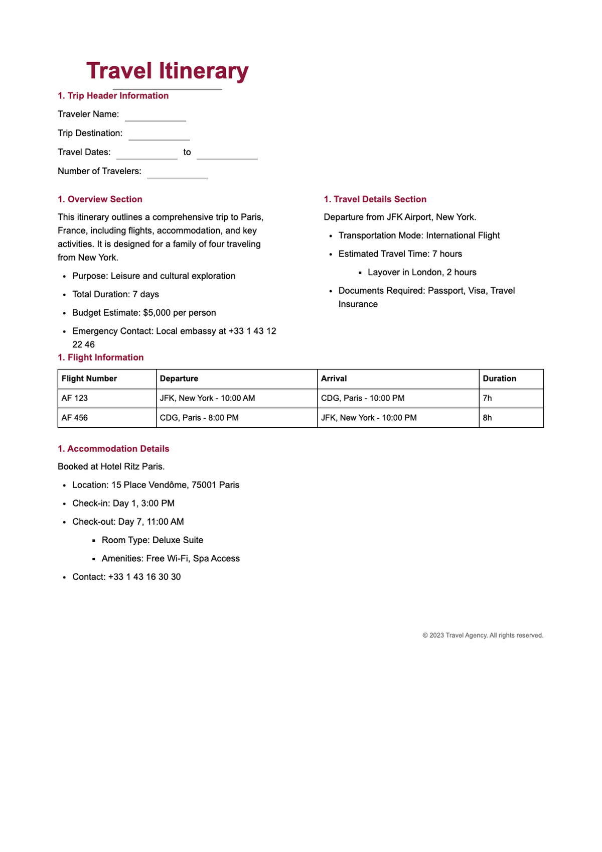 Trip itinerary template with travel details and flight accommodation fields_variant_1